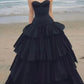 Luxury Palace Style Spaghetti Strap Beaded Gown | Black Satin Ballgown Train Maxi Dress for Red Carpet Gala Awards Ceremony High-End Social Event NV6271