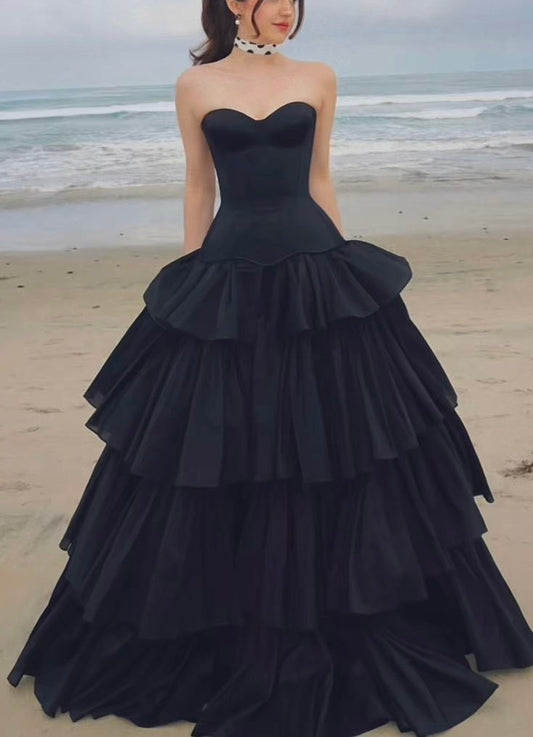 Luxury Palace Style Spaghetti Strap Beaded Gown | Black Satin Ballgown Train Maxi Dress for Red Carpet Gala Awards Ceremony High-End Social Event NV6271
