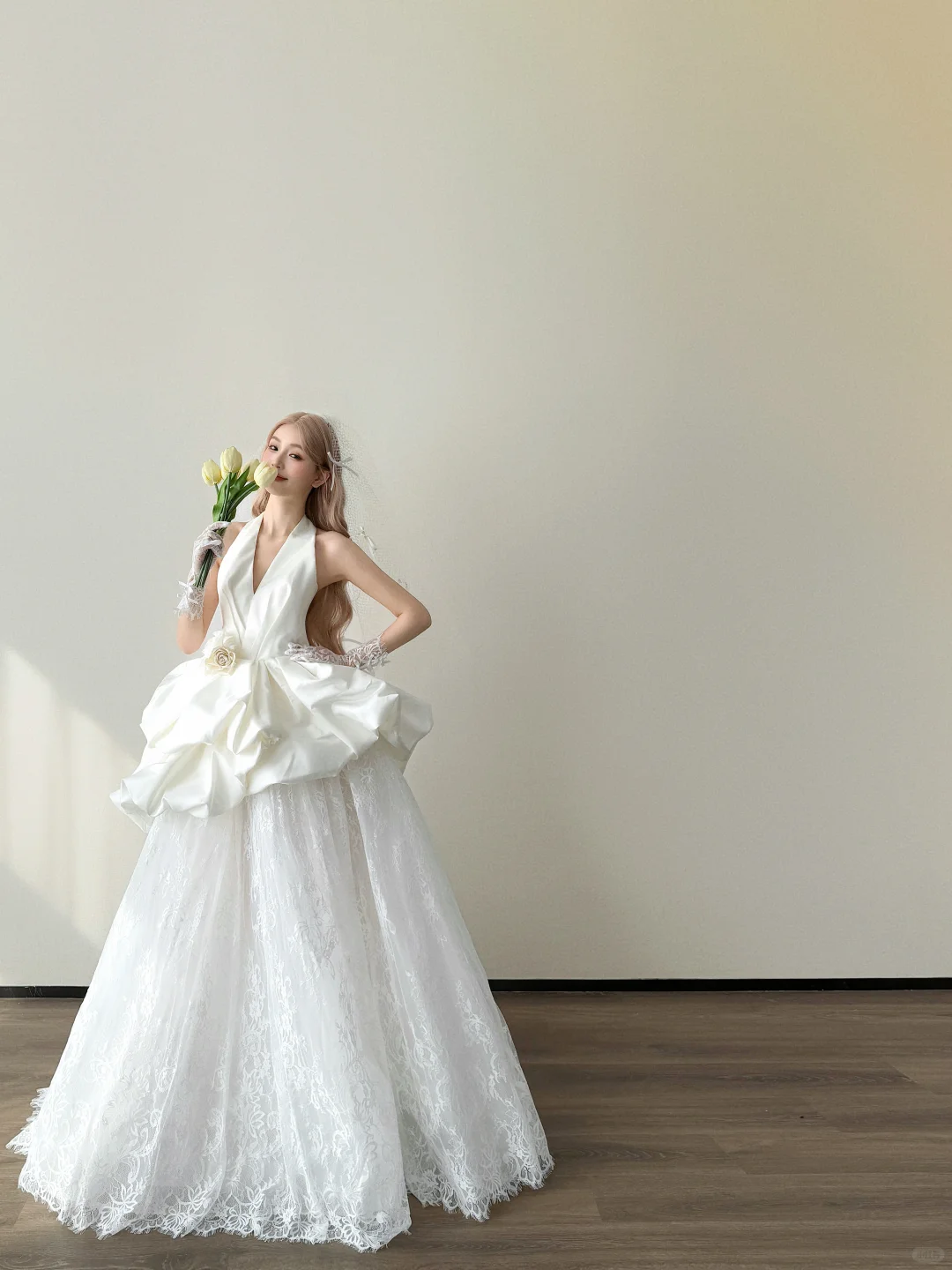 White Halter A Line Wedding Gown Deep V Satin 3D Flower Ruffle Lace Bridal Dress  NV7148