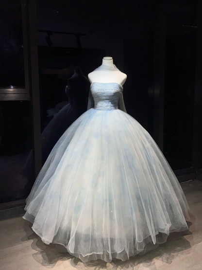 Dusty Blue Cloud Tulle Long Evening Gown Strapless Puffy Ball Gown Prom Dress with Cape  NV7077