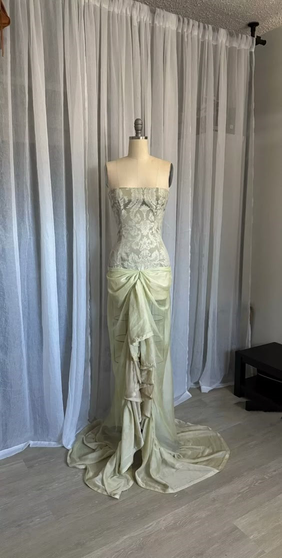 Grünes, modisches, elegantes, trägerloses, schulterfreies, langes Ballkleid, Abendkleid, Partykleid nv2601