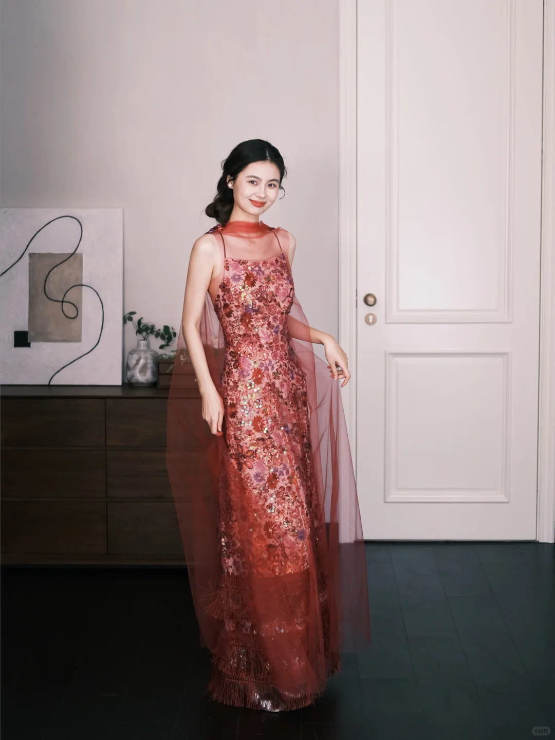 Floral Sequin Spaghetti Strap Evening Dress, Formal Gown with Red Tulle Cape  NV7322
