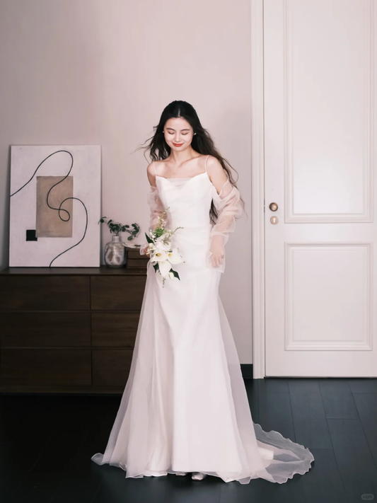 Detachable Tulle Sleeve Mermaid Wedding Dress Square Neck  NV7323