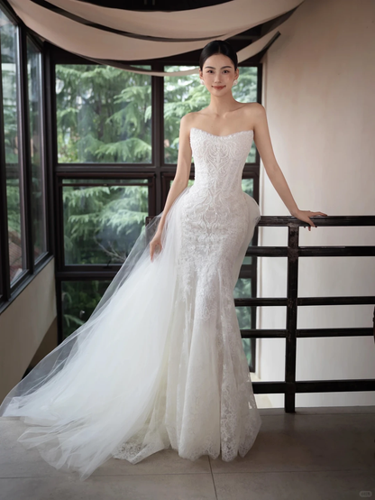 Ivory Strapless Lace Sequin Mermaid Wedding Gown Detachable Tulle Train  NV7192