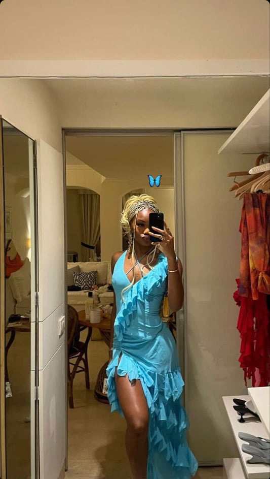 Blaues langes Abendkleid mit V-Ausschnitt und Rüschen, Ballkleid, Partykleid, NV2972