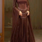 NiceVestidos--Luxurious Dark Brown Satin Chiffon Spliced Square Neck Beaded Flared Sleeve Floor Length Gown NV5755