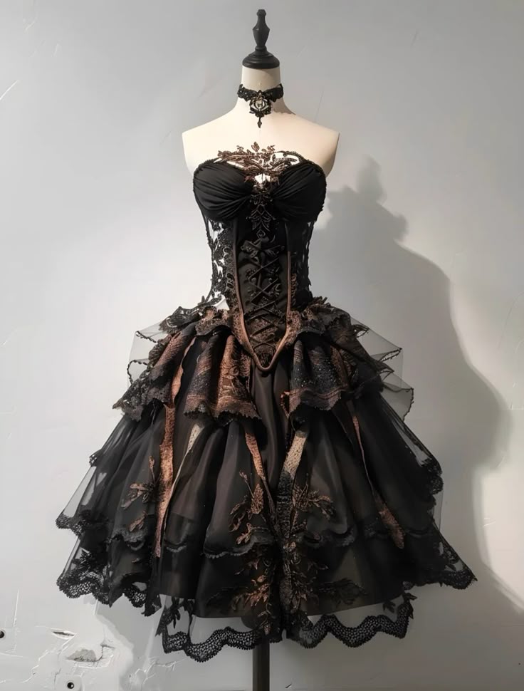 Dark Gothic Style Lace Embroidery Strapless Corset Knee-Length Puff Dress - Lolita Tea Party & Dinner Retro Dark Series Gown NV6325