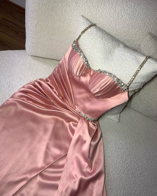 Robe de soirée longue rose élégante en forme de cœur avec bretelles spaghetti et strass nv2765