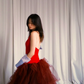 Red Halter Deep V Tulle Evening Gown with Brown Layered Overskirt  NV7193