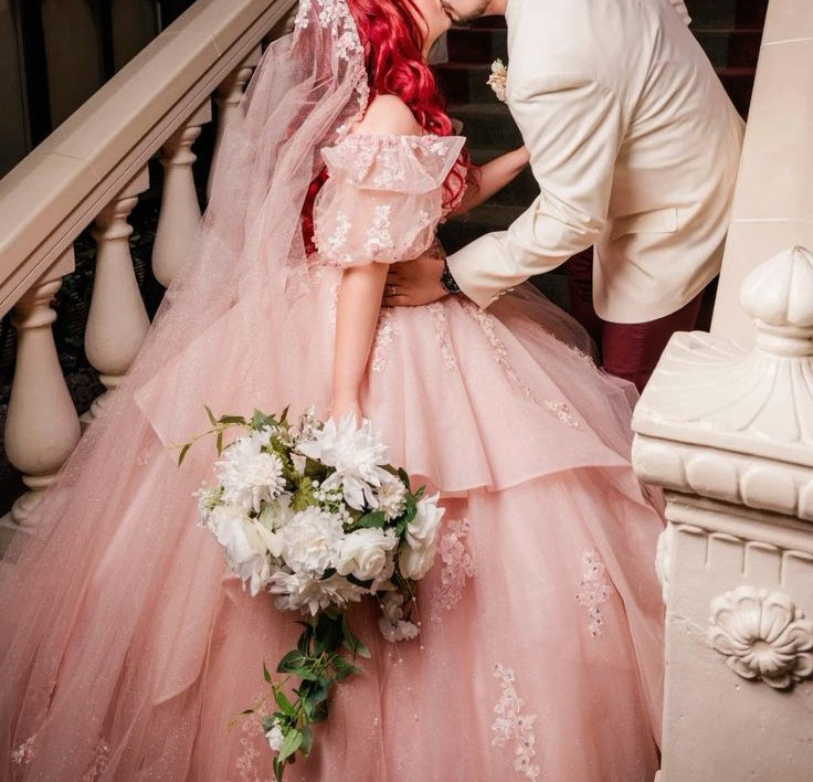 NiceVestidos - Robe de mariée longue en dentelle florale rose exquise NV5832