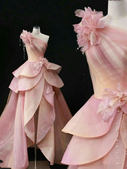 Robe de soirée longue en satin et tulle rose, élégante et exquise, à fleurs perlées, épaules dénudées, longueur au sol, à paillettes, nv3821