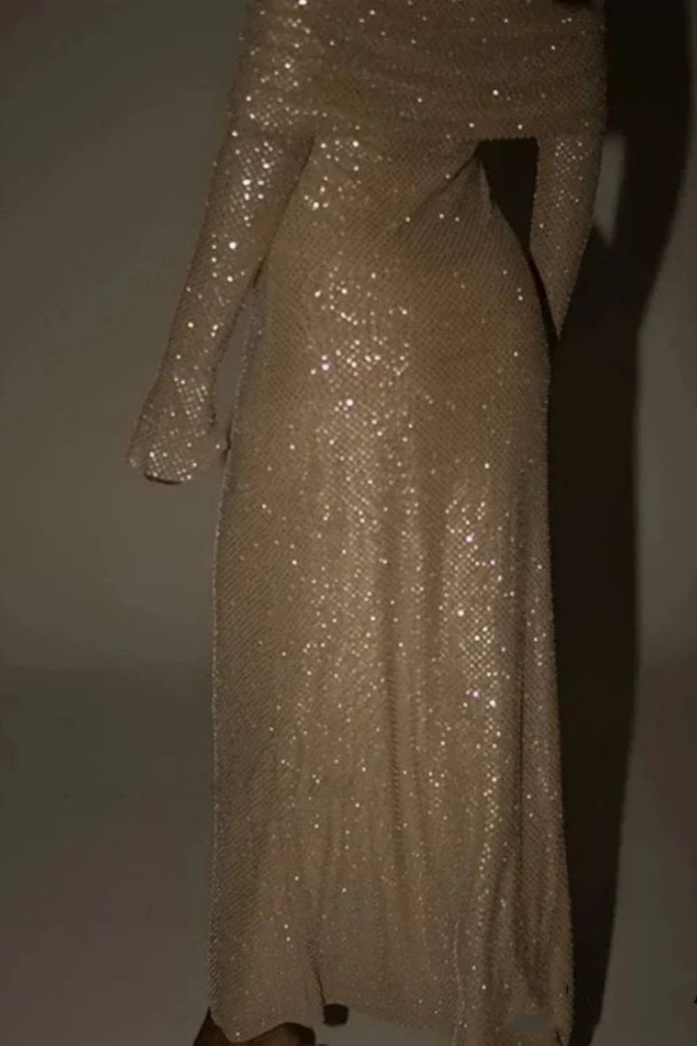 Champagne gold/grey sequined long sleeves charming off-the-shoulder long prom dress party dress nv5295