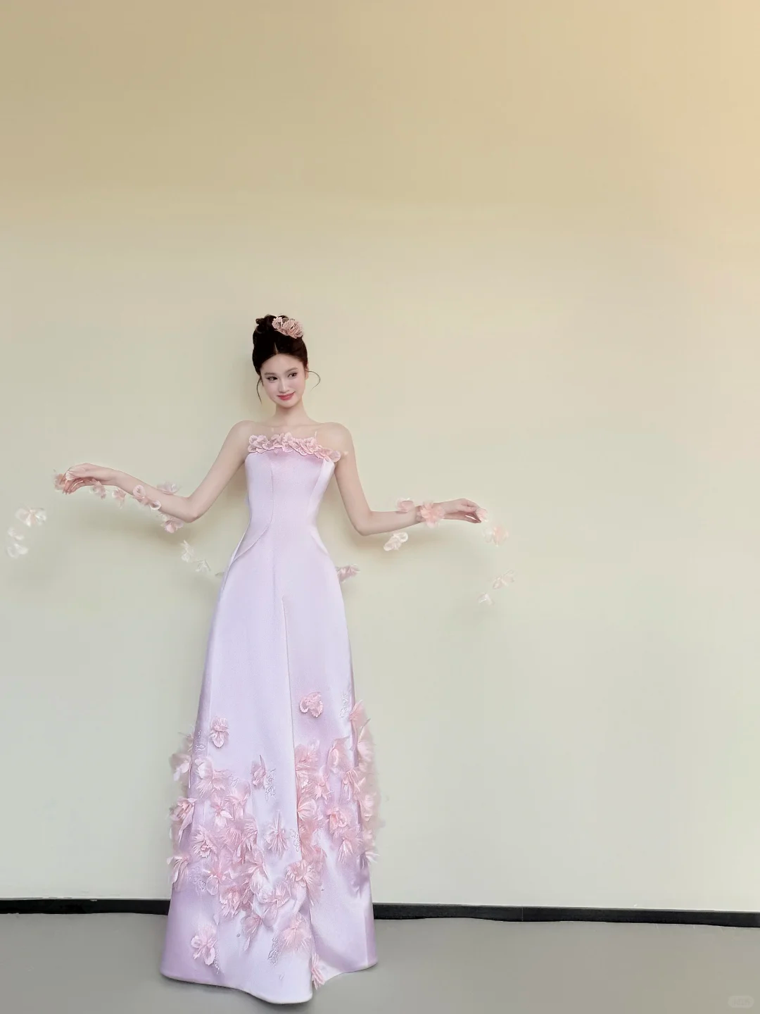 Light Pink Strapless Satin Prom Dress with 3D Floral Appliques, A-Line Long Evening Gown  NV7438