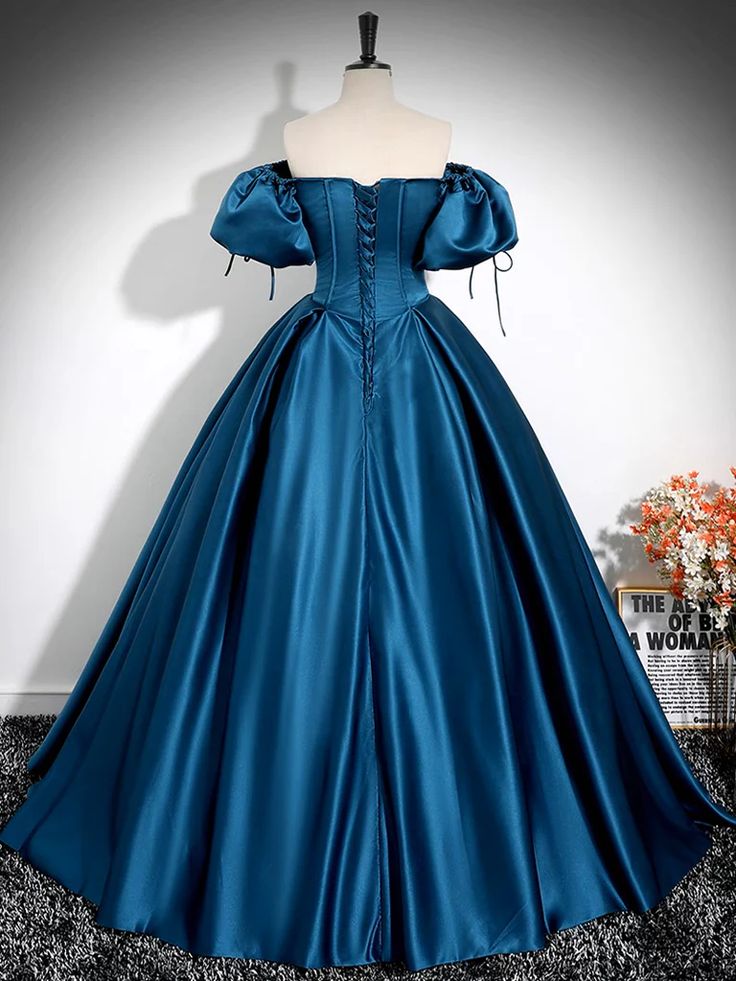 Robe de soirée longue en satin bleu paon à manches bouffantes et coupe trapèze nv2042