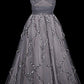 NiceVestidos - Robe de soirée trapèze à manches courtes, en tulle gris clair, ornée de sequins, longueur au sol, NV5781