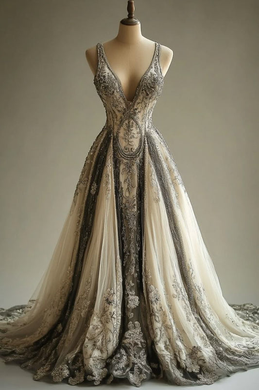 NiceVestidos-Grey-Nude Gradient Tulle Spaghetti-Strap Beaded Embroidery-Embellished Floor-Length Train Gown NV6209