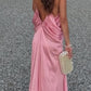 Pink fashion V-neck elegant long satin prom dress bridesmaid dress wedding guest party dress nv5214