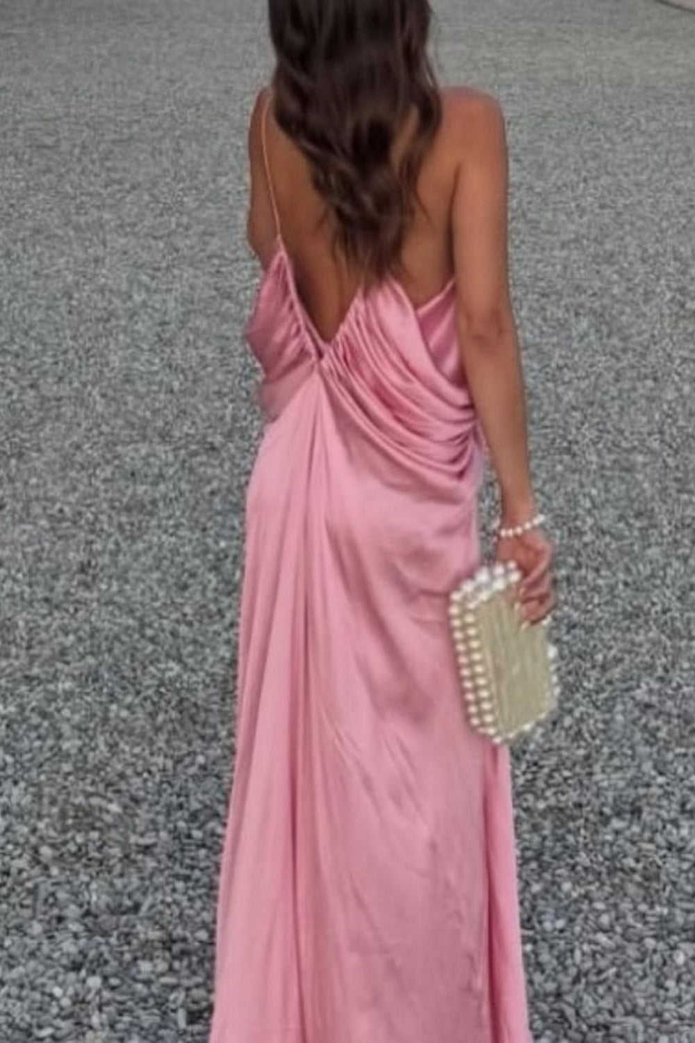 Pink fashion V-neck elegant long satin prom dress bridesmaid dress wedding guest party dress nv5214
