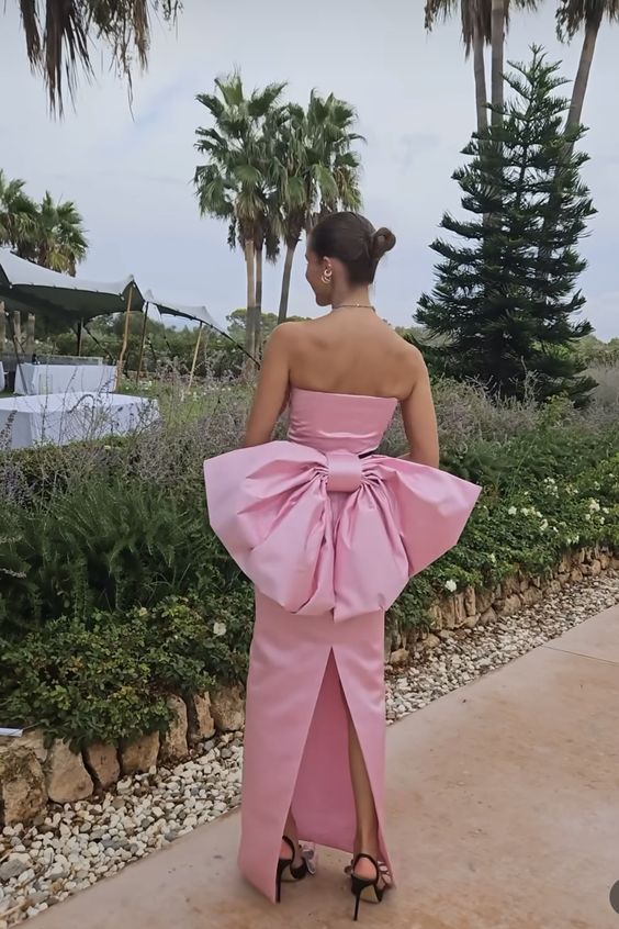 Rosa Satin Trägerloses Langes Ballkleid Abendkleid mit Schleife nv2738