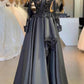 Robe de soirée en satin gris foncé, vintage, en dentelle, avec perles exquises, manches longues, robe de bal formelle, robe de soirée, nv3607