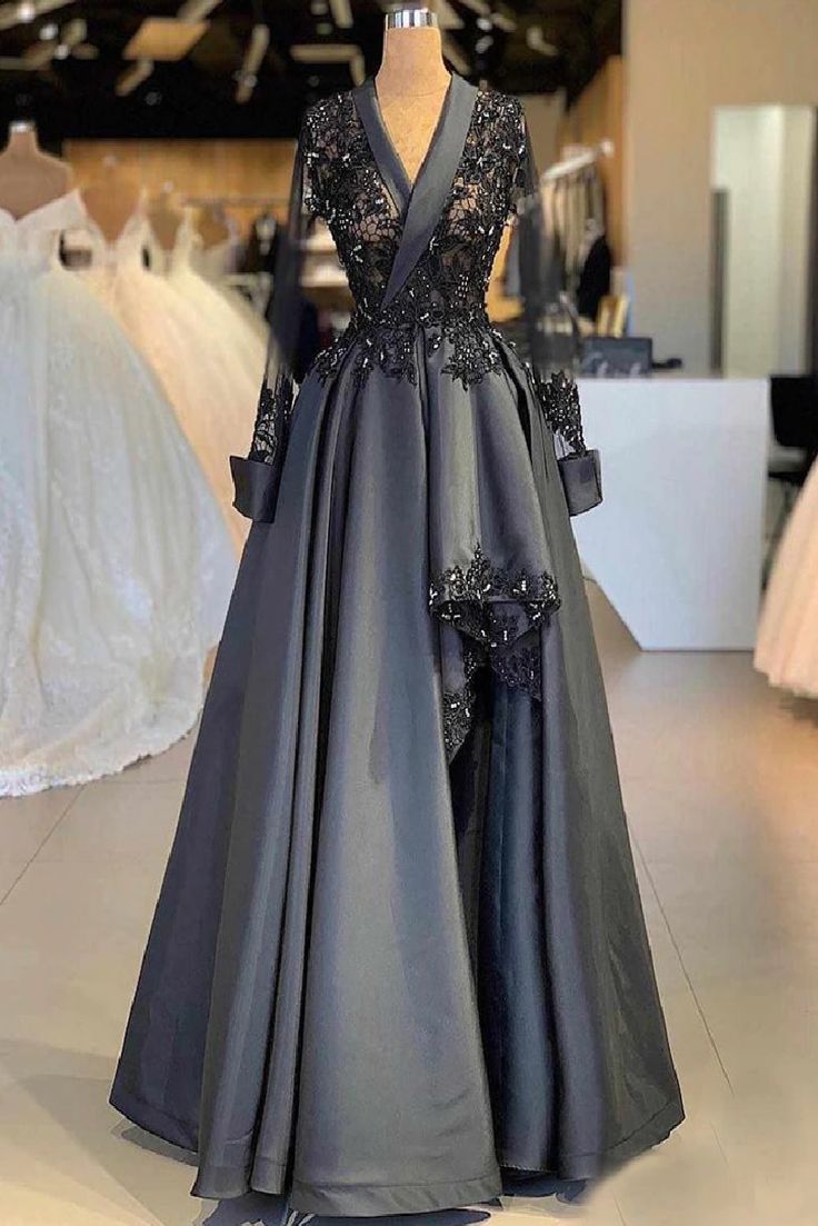 Robe de soirée en satin gris foncé, vintage, en dentelle, avec perles exquises, manches longues, robe de bal formelle, robe de soirée, nv3607