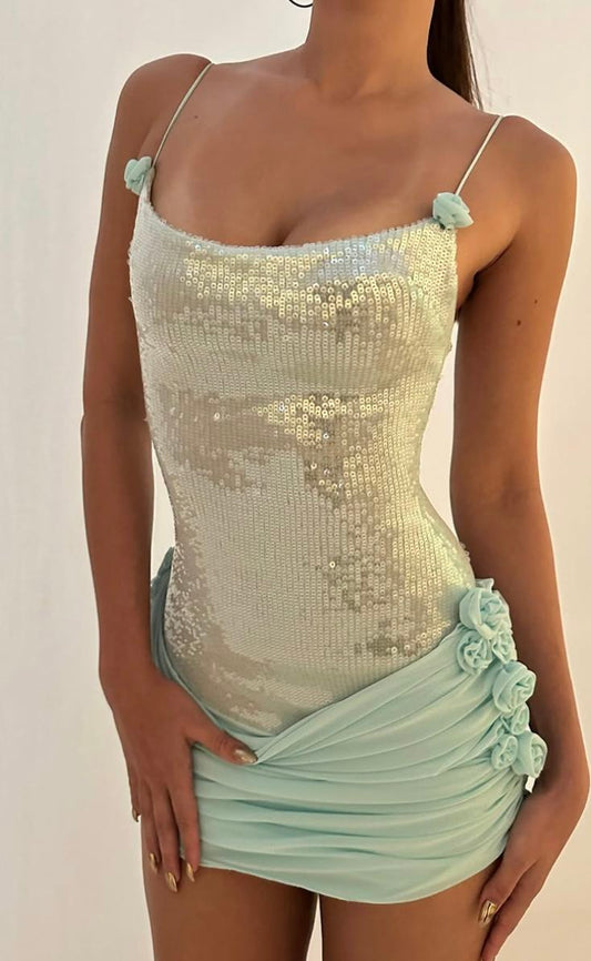 Green Fashion Shiny Sequin Floral Short Homecoming Dress Cocktail Party Dress nv5176