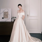 Off Shoulder Satin Ballgown Wedding Dress, Ivory Embroidered Bridal Gown  NV7285