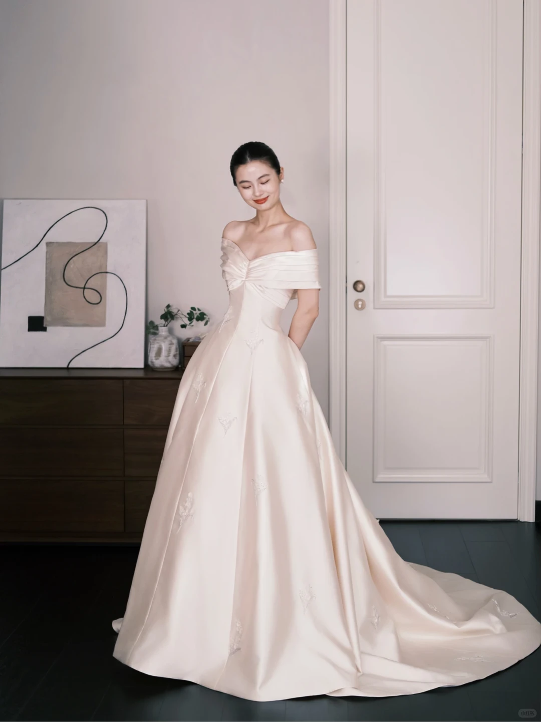 Off Shoulder Satin Ballgown Wedding Dress, Ivory Embroidered Bridal Gown  NV7285