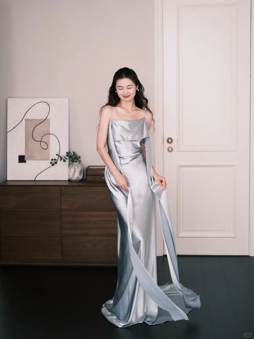 Light Ice Blue Spaghetti Strap Satin Mermaid Prom Dress Cowl Neck Evening Gown  NV7206