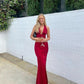 Robe de soirée longue rouge élégante à col en V et bretelles à la taille, robe de soirée deux pièces nv2308