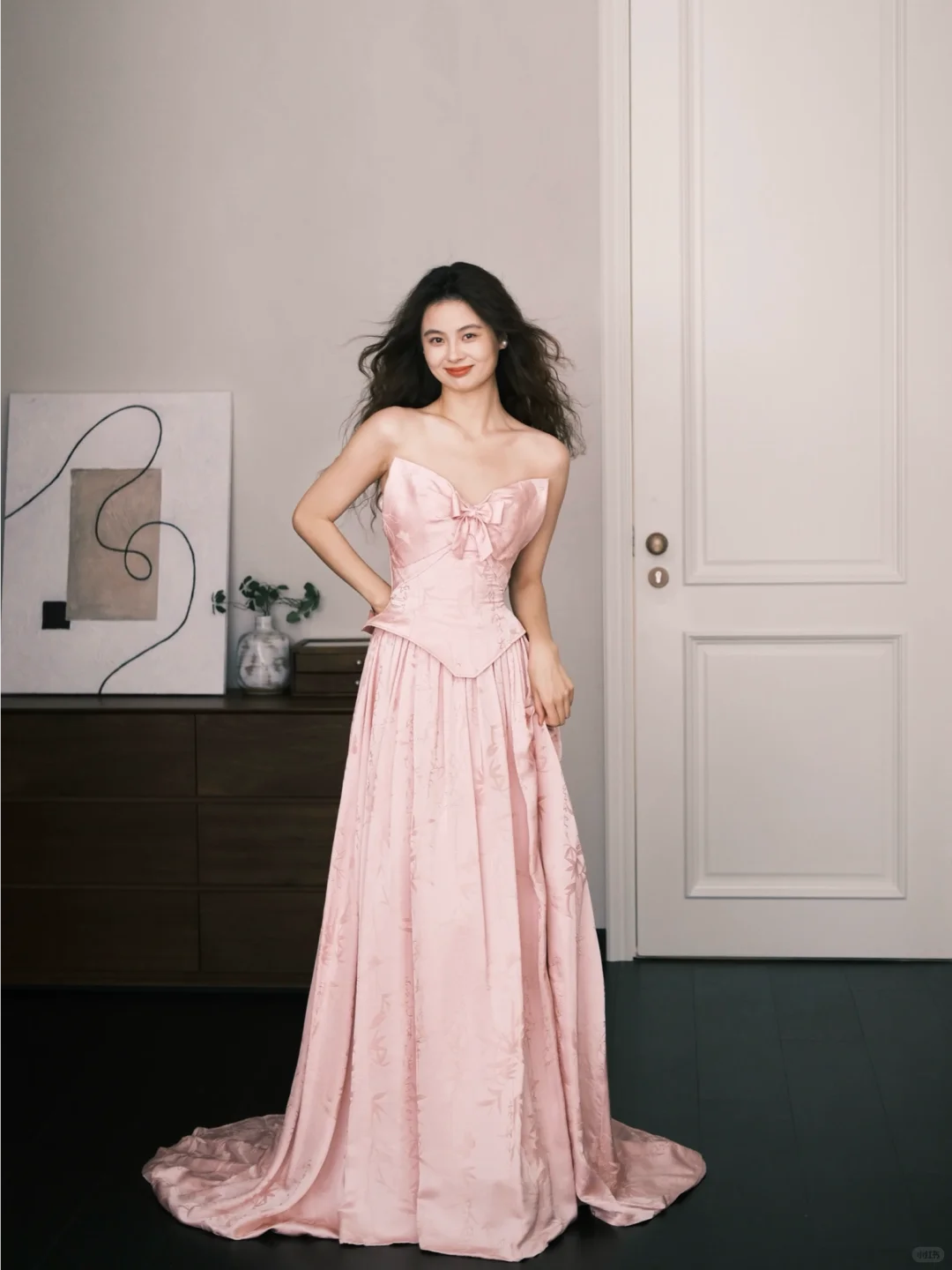 Strapless Dusty Pink Satin Jacquard Evening Gown, Bow Detail Corset Prom Dress with Train  NV7388