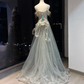 Light Grey Blue Off Shoulder Long Mermaid Formal Gown Heavy Beaded Rhinestone Tulle Train Evening Dress  NV6961