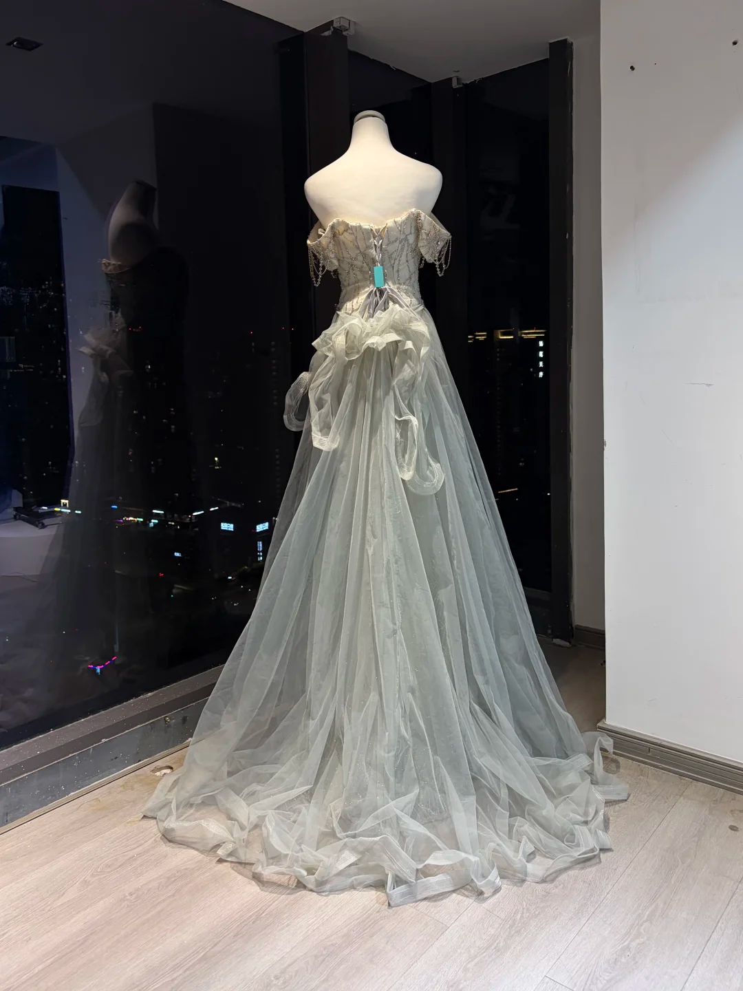 Light Grey Blue Off Shoulder Long Mermaid Formal Gown Heavy Beaded Rhinestone Tulle Train Evening Dress  NV6961