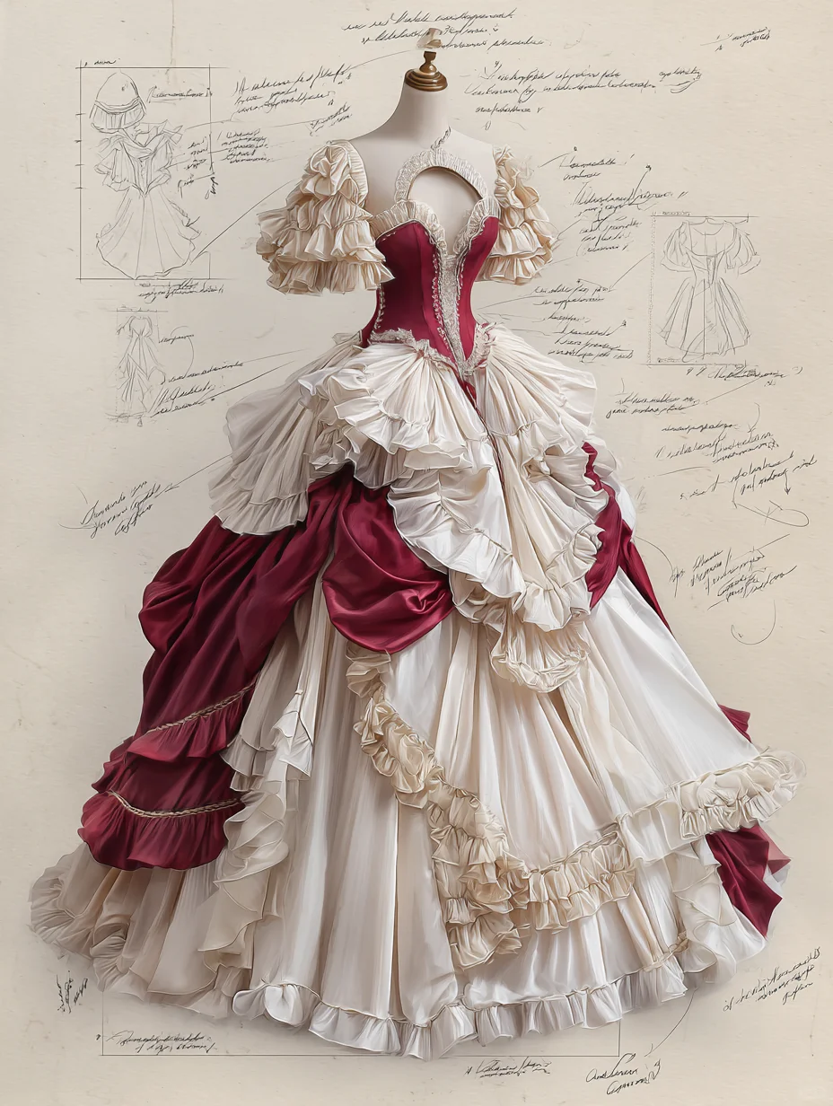 Burgundy Ivory Rococo Victorian Tiered Ruffle Ball Gown with Cutout Neck  NV7404