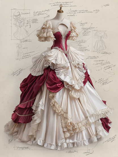 Burgundy Ivory Rococo Victorian Tiered Ruffle Ball Gown with Cutout Neck  NV7404