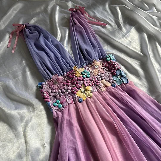 NiceVestidos--Gradient Homecoming Dress Purple Pink Fashion Gradient Exquisite Floral Short Chiffon Flower Fairy Dress Elf Dress Nv5582