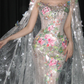 Strapless 3D Floral Mermaid Prom Dress, Beaded Tulle Cape Evening Gown  NV7106