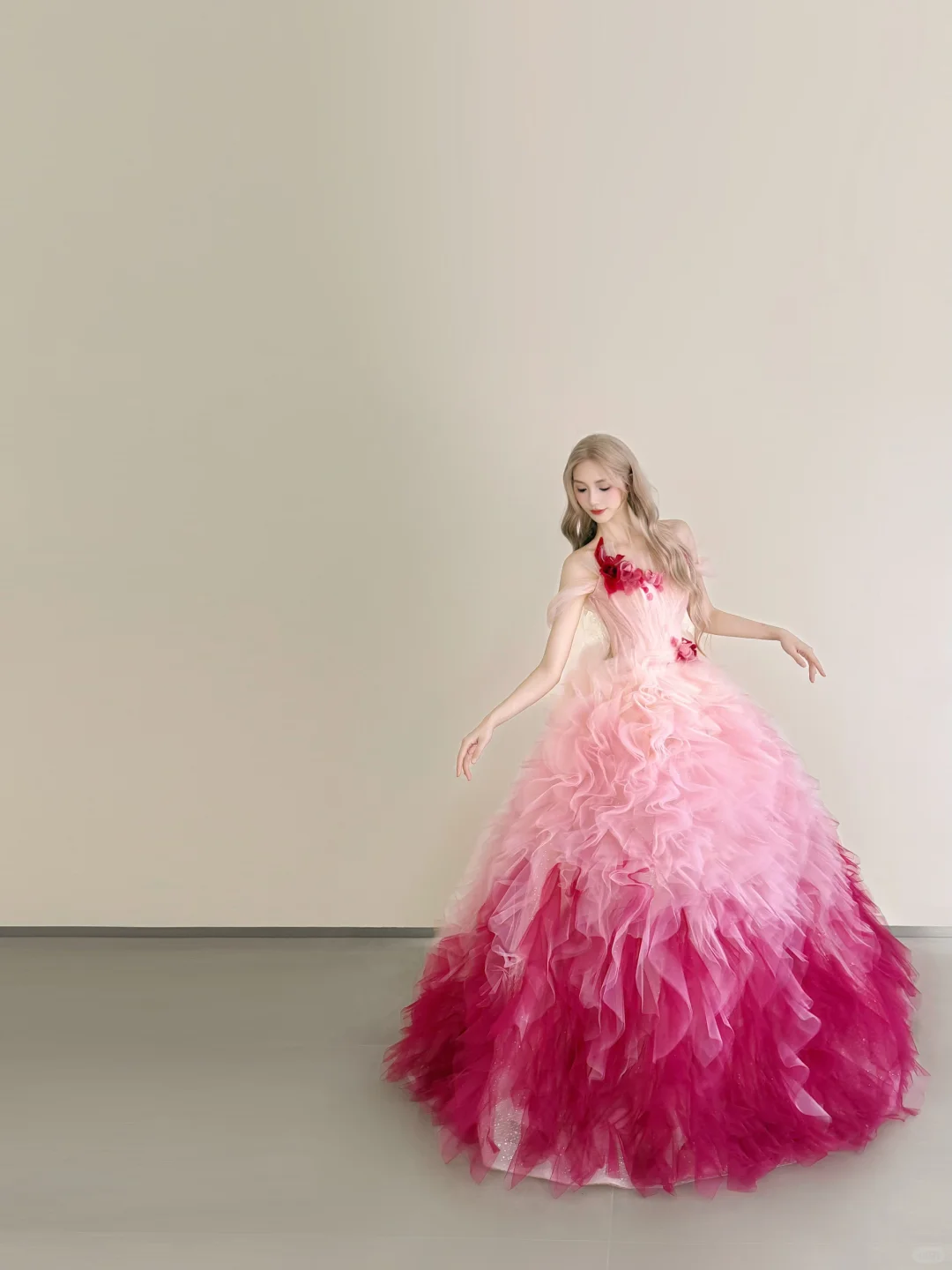 Ombre Fuchsia Strapless Tulle Ball Gown 3D Floral Prom Dress  NV7178