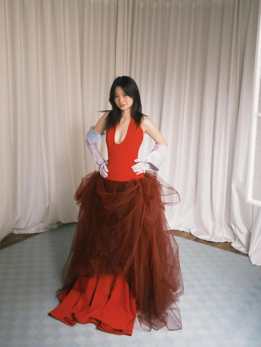 Red Halter Deep V Tulle Evening Gown with Brown Layered Overskirt  NV7193