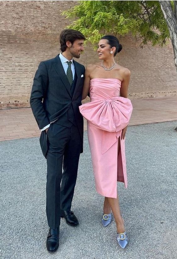 Robe longue en satin rose élégante, simple et unique, avec nœud, longue fente, robe de soirée, nv2735
