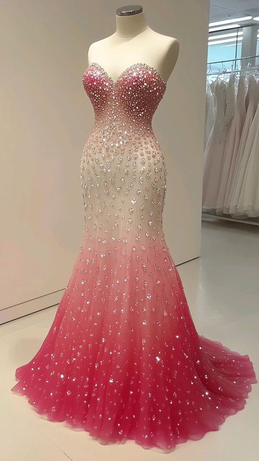 Robe de soirée longue en tulle rose, luxueuse et élégante, avec strass et perles, style sirène, jupe queue de poisson, robe de bal, robe de soirée, robe de bal, nv3879