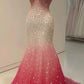 Robe de soirée longue en tulle rose, luxueuse et élégante, avec strass et perles, style sirène, jupe queue de poisson, robe de bal, robe de soirée, robe de bal, nv3879
