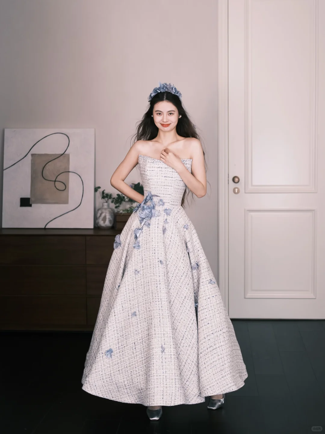 Strapless Tweed Prom Dress with 3D Flowers, Elegant A-Line Evening Gown  NV7334