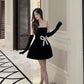 Black spaghetti straps stylish elegant cute rhinestone bow short mini homecoming dress holiday birthday party dress nv3133