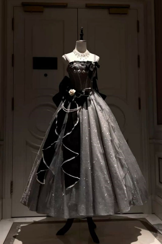 NiceVestidos--Silver - Black Contrast Sequined Bow - Decorated Strapless Long Prom Dress NV5769