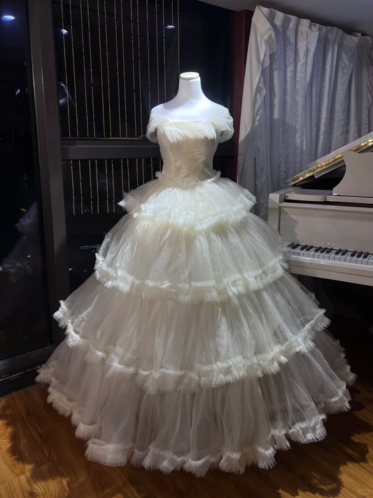 Off Shoulder Ivory Tiered Cake Tulle Ball Gown, Princess Wedding Bridal Dress  NV7103