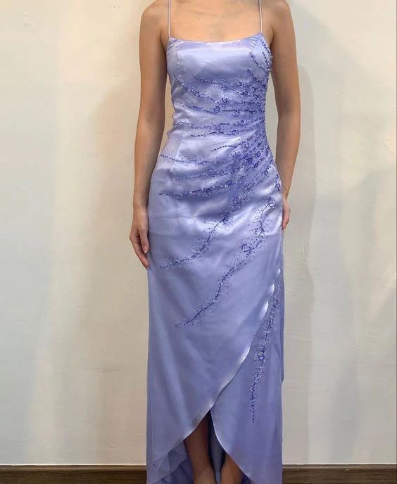 Lila Schlitz A-Linie Spaghettiträger Langes Ballkleid Abendkleid nv2802