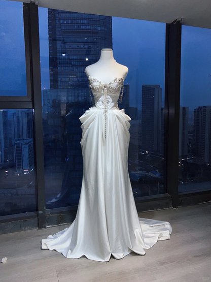 Strapless Sweetheart White Satin Mermaid Gown Rhinestone Pearl Chain Draped Wedding Prom Dress  NV7025