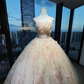 Strapless Champagne Blush Prom Dress 3D Flower Beaded Lace Tulle Princess Ball Gown  NV7056