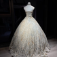 Champagne Gold Heavy Beaded Lace Ball Gown Strapless Vintage Wedding Prom Dress  NV7075